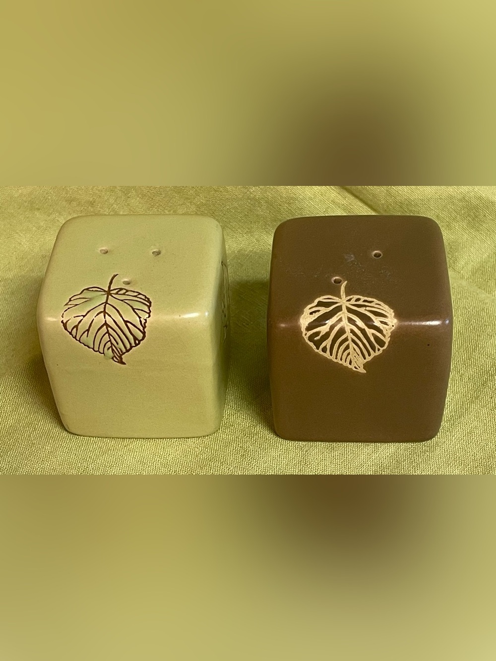 Ceramic Salt and Pepper Shakers in Green and Brown with Leaf Pattern
